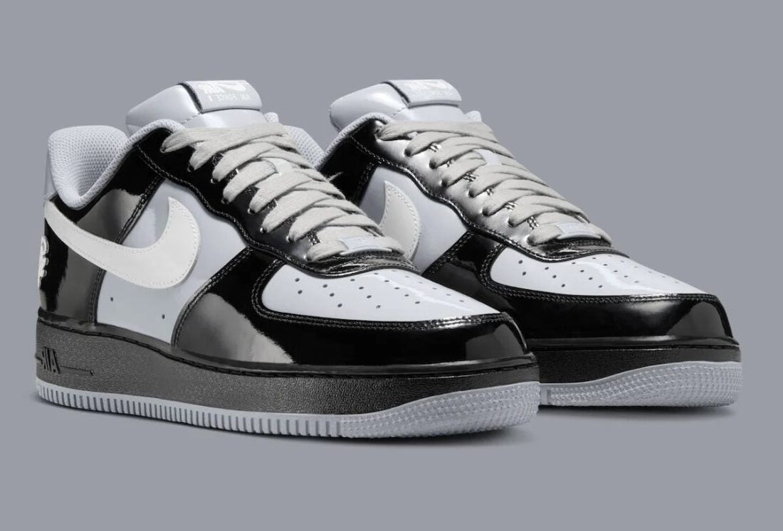 Sneakers Nike Air Force 1 Low en cuir premium, coloris Black White Smoke Grey avec détails Central Cee signature et amorti Air encapsulé.