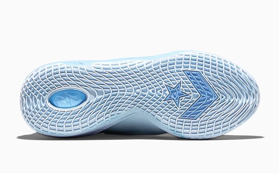 Converse SHAI 001 Masi Blue, sneaker de basketball bleu clair monochrome avec empeigne moulée, fermeture zippée et silhouette futuriste.