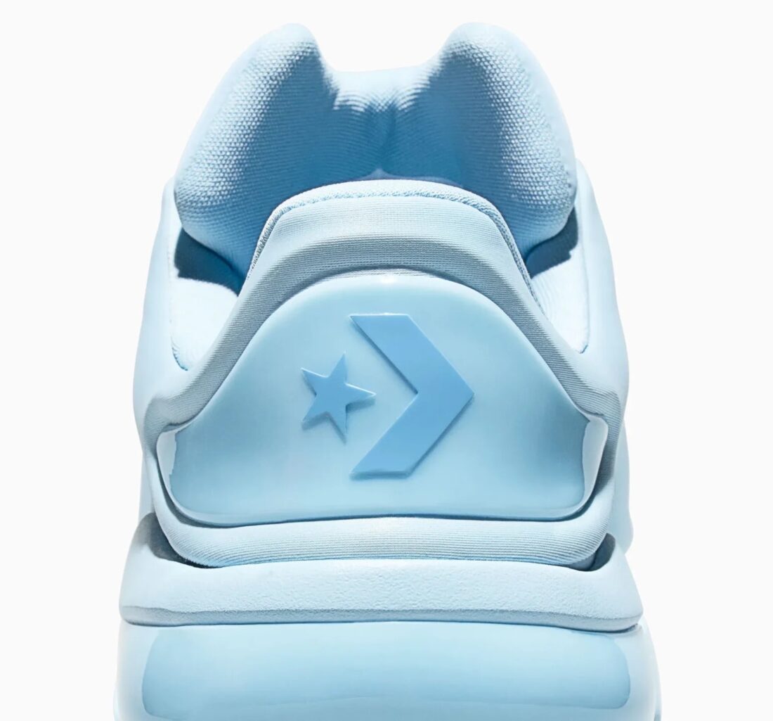 Converse SHAI 001 Masi Blue, sneaker de basketball bleu clair monochrome avec empeigne moulée, fermeture zippée et silhouette futuriste.