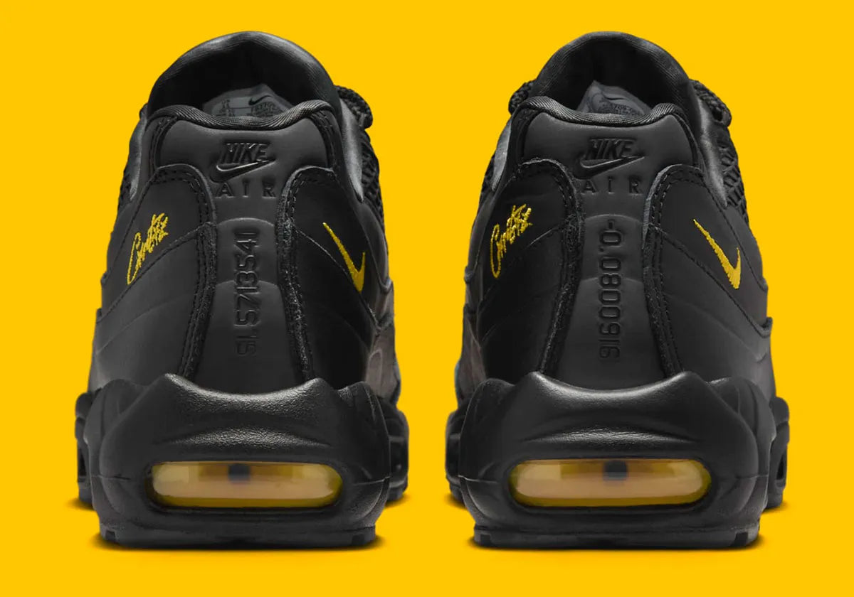 Nike Air Max 95 Corteiz Honey Black noire en cuir et mesh diamant avec détails Corteiz, logo Alcatraz et unités Air Max Tour Yellow vue de derrière. 