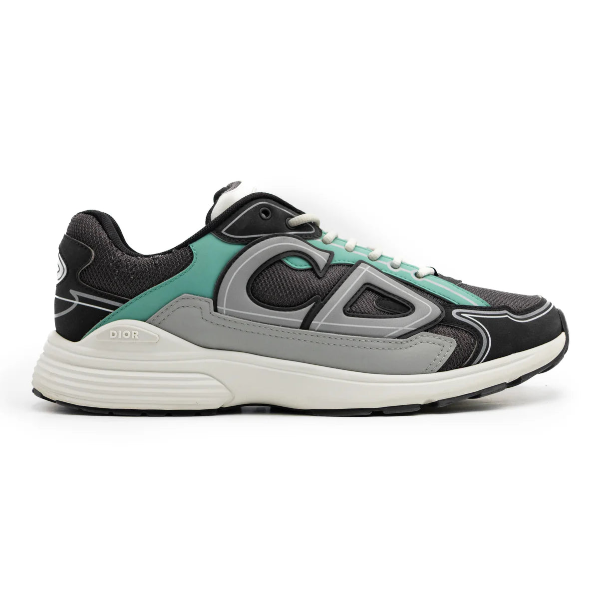 Dior B30 Anthracite Gray avec tige en mesh respirant, empiècements en cuir et matières techniques gris anthracite, silhouette running moderne et semelle en caoutchouc.