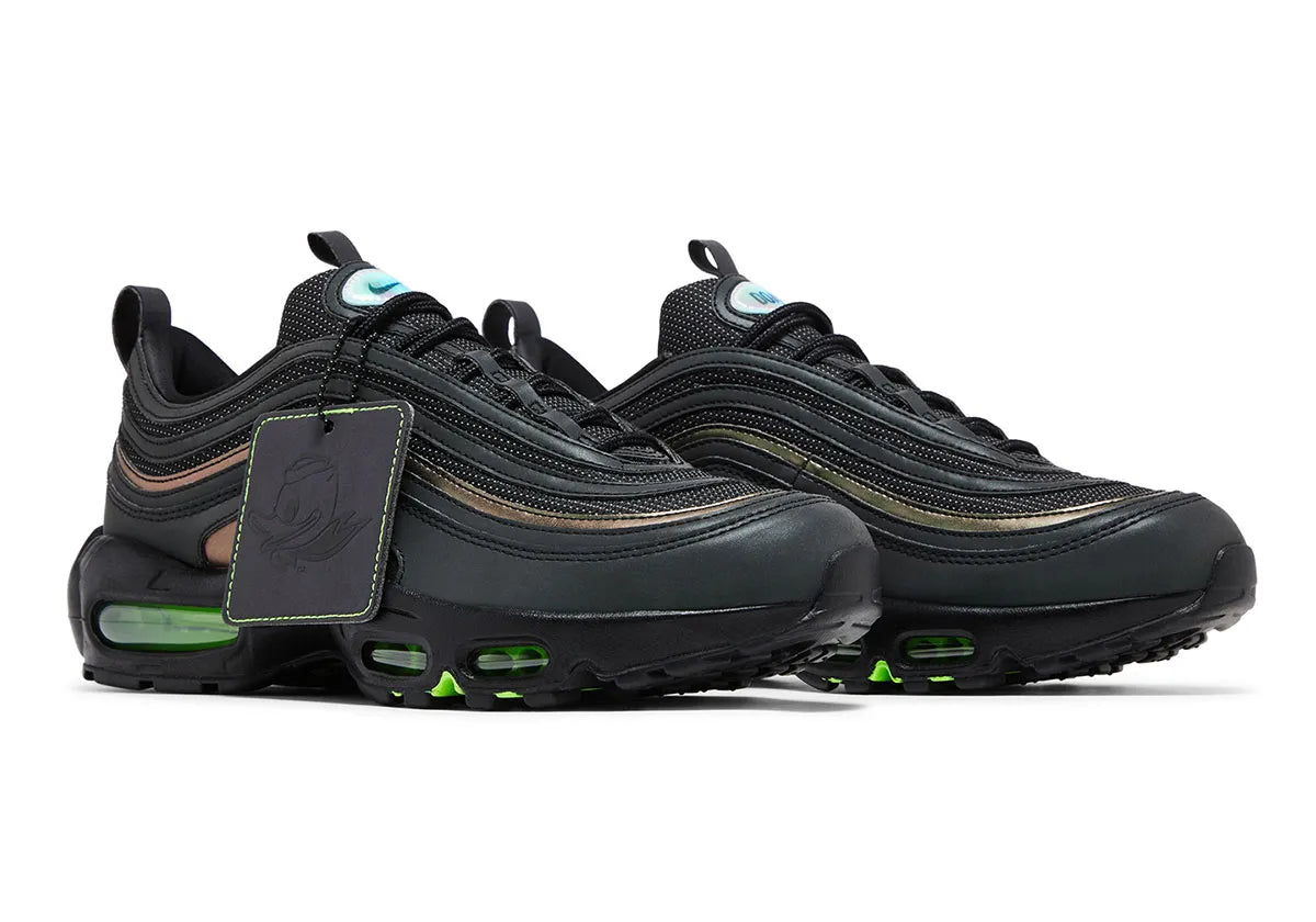 97 Ducks of a Feather Storm vert et noir en mesh avec amorti Air Max visible premium.Vue de profil