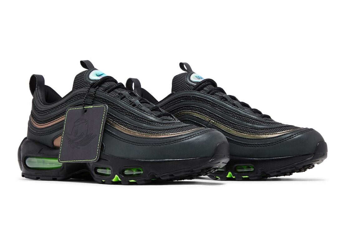 Sneakers Nike Air Max 95/97 Ducks of a Feather Thunder en mesh technique sombre avec unités Air visibles hybrides et design fusion iconique.Vue de profil