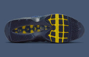Sneakers Nike Air Max 95 SB Eric Koston bleu obsidian et jaune en matières renforcées avec amorti Air Max visible et design iconique. Vue du dessous 
