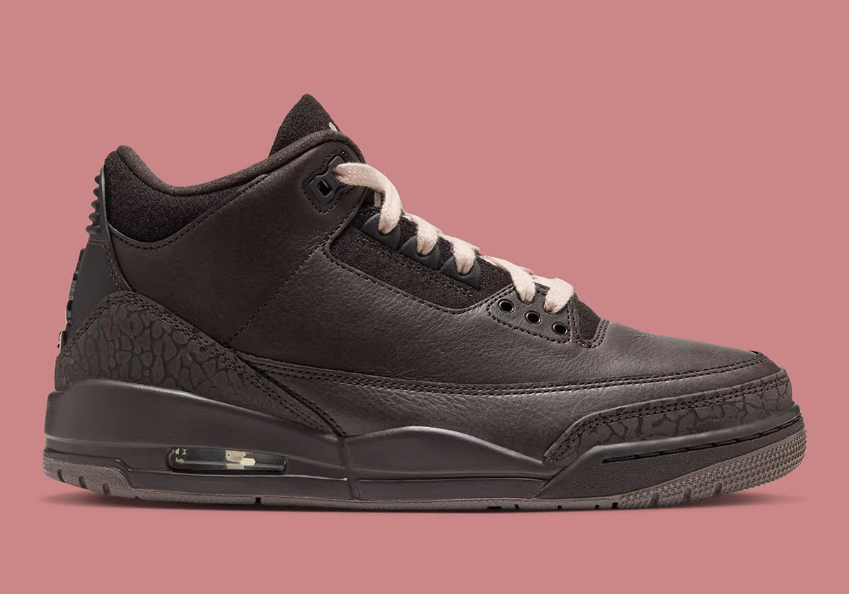 Air Jordan 3 Retro Fireside CK9246-200 en cuir et nubuck marron avec Elephant Print, lacets Rust Pink, Jumpman blanc et semelle gum.