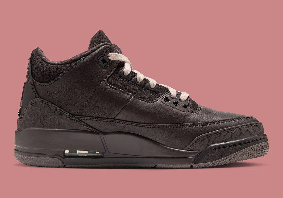Air Jordan 3 Retro Fireside CK9246-200 en cuir et nubuck marron avec Elephant Print, lacets Rust Pink, Jumpman blanc et semelle gum.