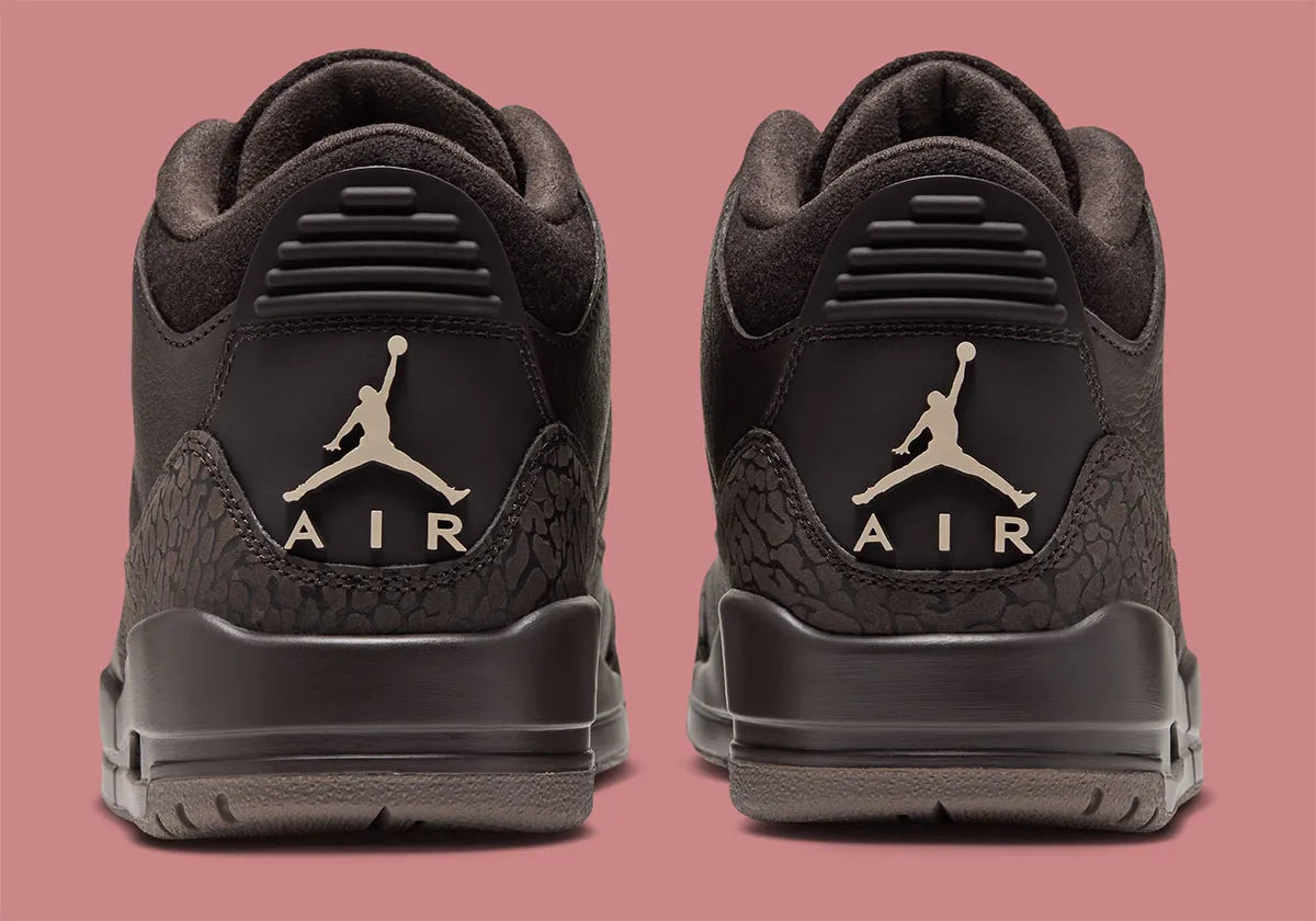 Air Jordan 3 Retro Fireside CK9246-200 en cuir et nubuck marron avec Elephant Print, lacets Rust Pink, Jumpman blanc et semelle gum.