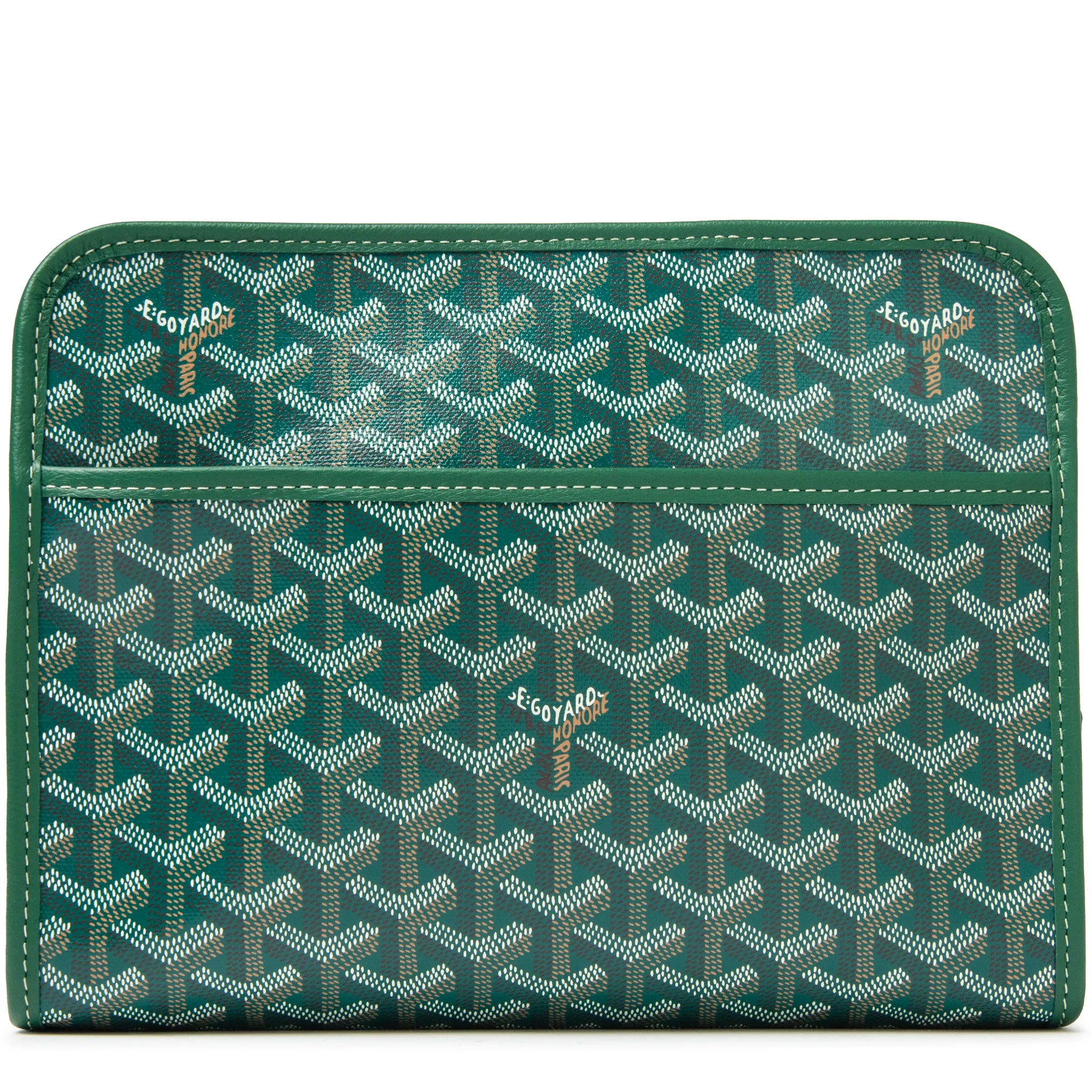 Goyard Jouvence Toiletry Bag MM Green, trousse de toilette verte en toile Goyardine avec détails en cuir et finition palladium.