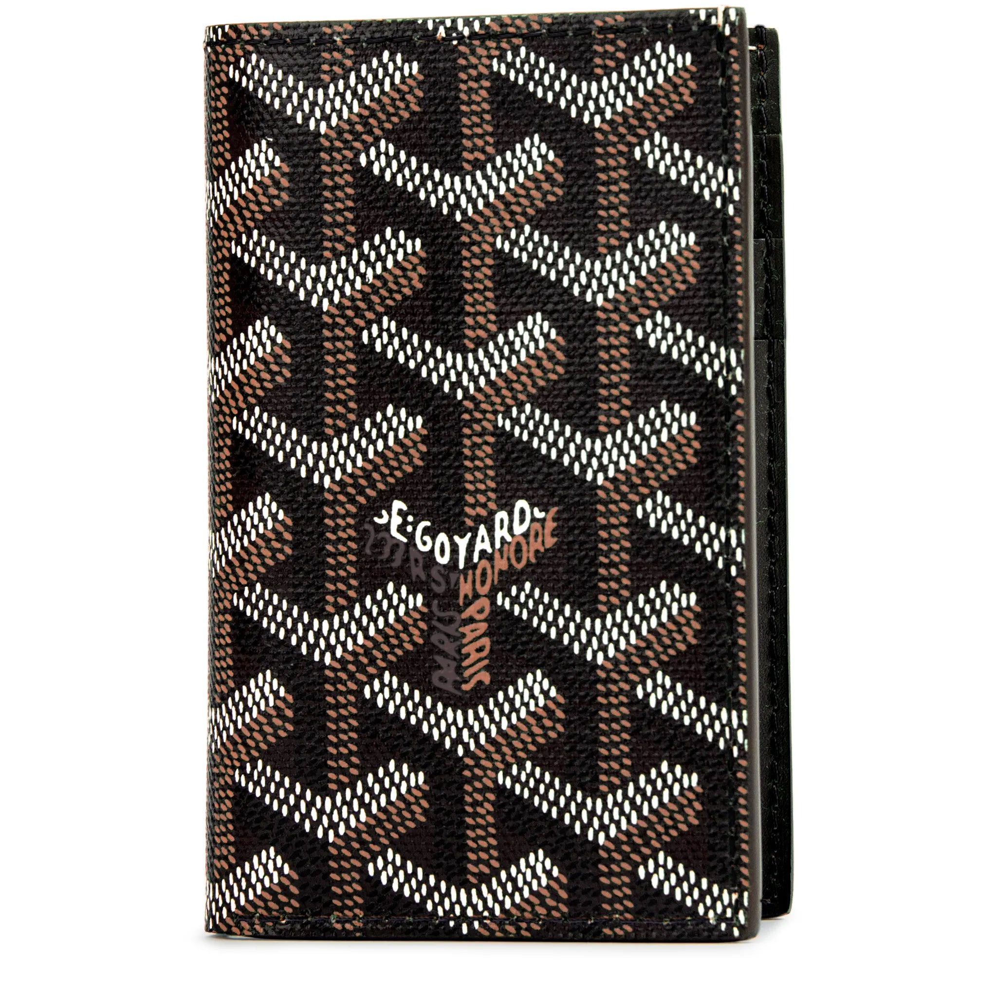Goyard Saint Pierre Card Holder Black, porte-cartes noir en toile Goyardine et cuir avec motif chevrons signature et intérieur jaune.