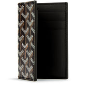 Goyard Saint Pierre Card Holder Black, porte-cartes noir en toile Goyardine et cuir avec motif chevrons signature et intérieur jaune.