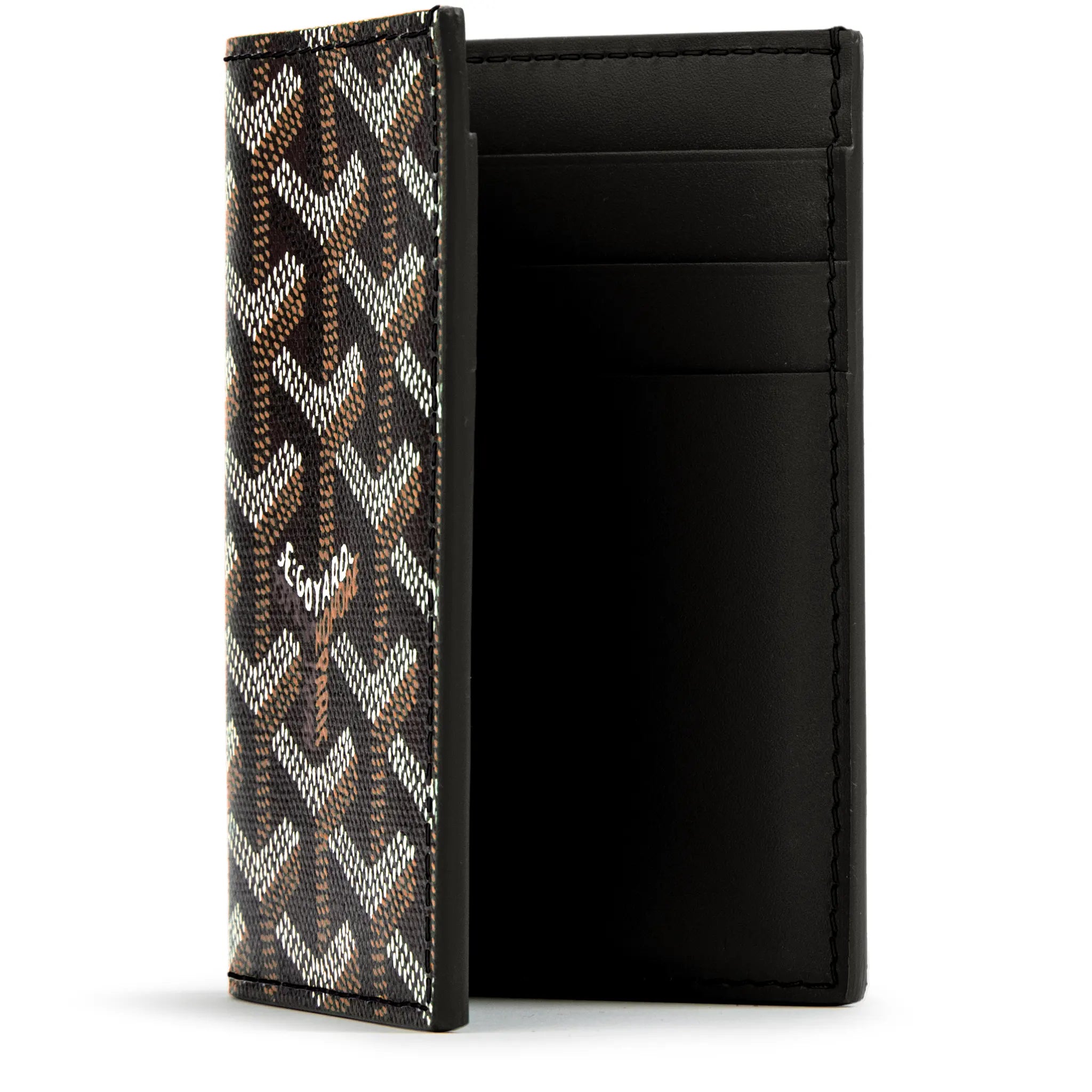 Goyard Saint Pierre Card Holder Black, porte-cartes noir en toile Goyardine et cuir avec motif chevrons signature et intérieur jaune.