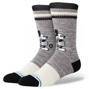 STANCE VINTAGE MICKEY, chaussettes mi-mollet gris chiné et blanc cassé avec motif Mickey Mouse rétro, bandes noires et détails turquoise.