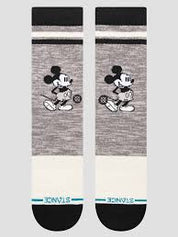 STANCE VINTAGE MICKEY, chaussettes mi-mollet gris chiné et blanc cassé avec motif Mickey Mouse rétro, bandes noires et détails turquoise.