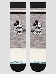 STANCE VINTAGE MICKEY, chaussettes mi-mollet gris chiné et blanc cassé avec motif Mickey Mouse rétro, bandes noires et détails turquoise.