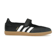Sneaker adidas Samba Jane Black White Gum en cuir noir avec bandes blanches, bride Mary Jane et semelle gomme rétro emblématique.Vue de coter 