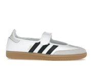 Sneaker adidas Samba Jane White Black Gum en cuir blanc avec bandes noires, bride Mary Jane et semelle gomme rétro emblématique.Vue de profil