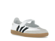 Sneaker adidas Samba Jane White Black Gum en cuir blanc avec bandes noires, bride Mary Jane et semelle gomme rétro emblématique.Vue de coter 