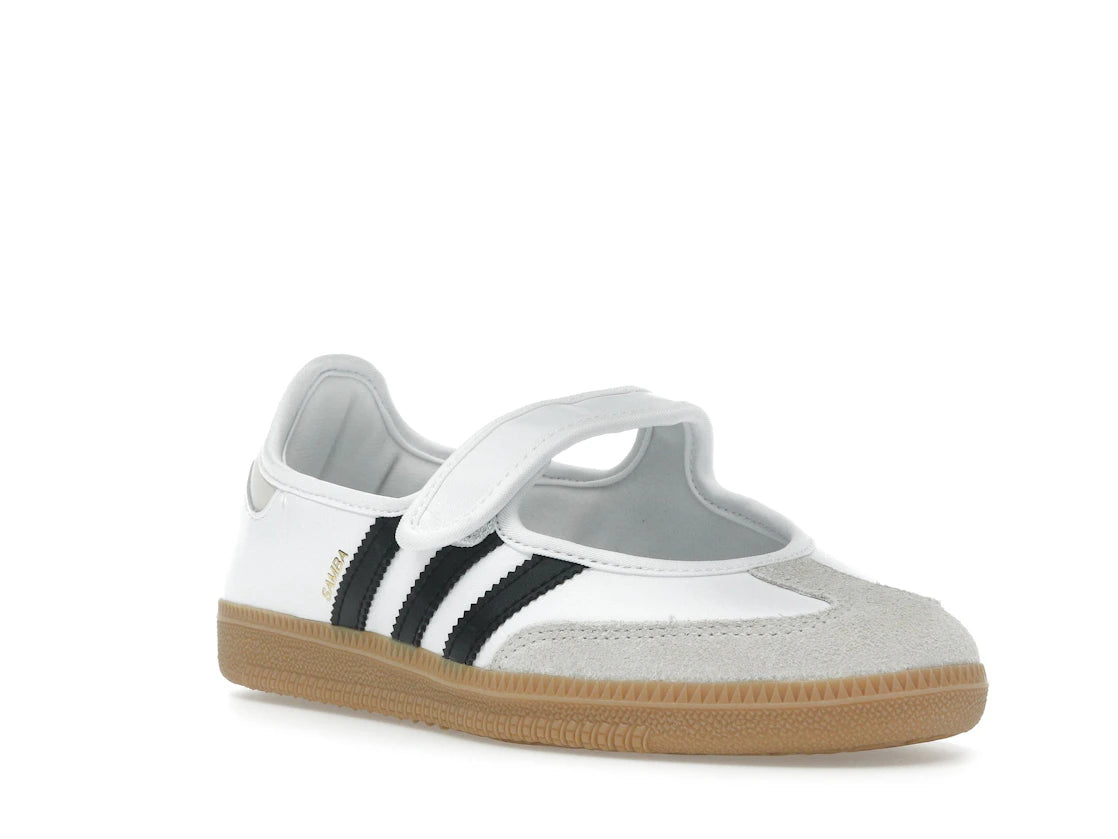 Sneaker adidas Samba Jane White Black Gum en cuir blanc avec bandes noires, bride Mary Jane et semelle gomme rétro emblématique.Vue de coter 