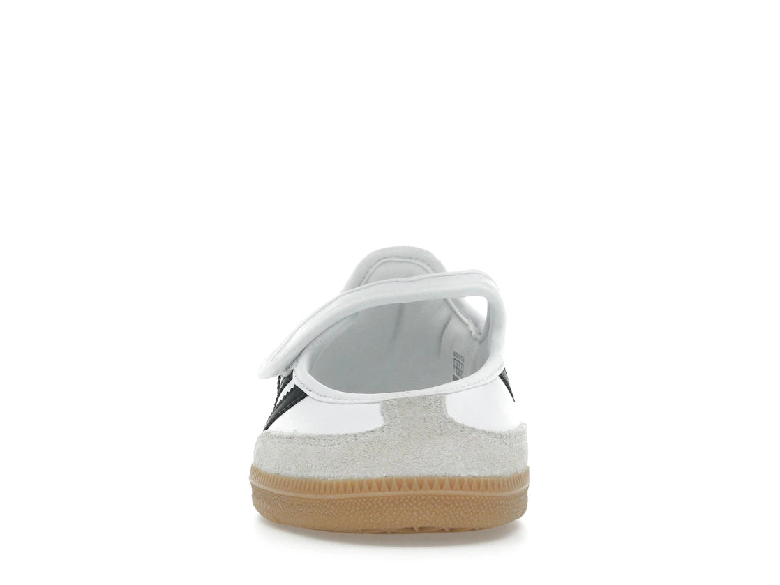 Sneaker adidas Samba Jane White Black Gum en cuir blanc avec bandes noires, bride Mary Jane et semelle gomme rétro emblématique.Vue de face 