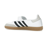 Sneaker adidas Samba Jane White Black Gum en cuir blanc avec bandes noires, bride Mary Jane et semelle gomme rétro emblématique.Vue de coter 