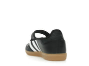 Sneaker adidas Samba Jane Black White Gum en cuir noir avec bandes blanches, bride Mary Jane et semelle gomme rétro emblématique.Vue arrières 