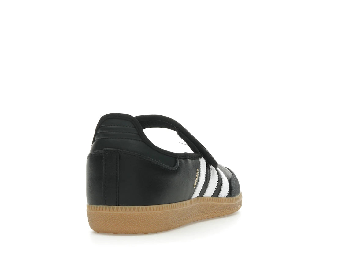 Sneaker adidas Samba Jane Black White Gum en cuir noir avec bandes blanches, bride Mary Jane et semelle gomme rétro emblématique.Vue arrière 