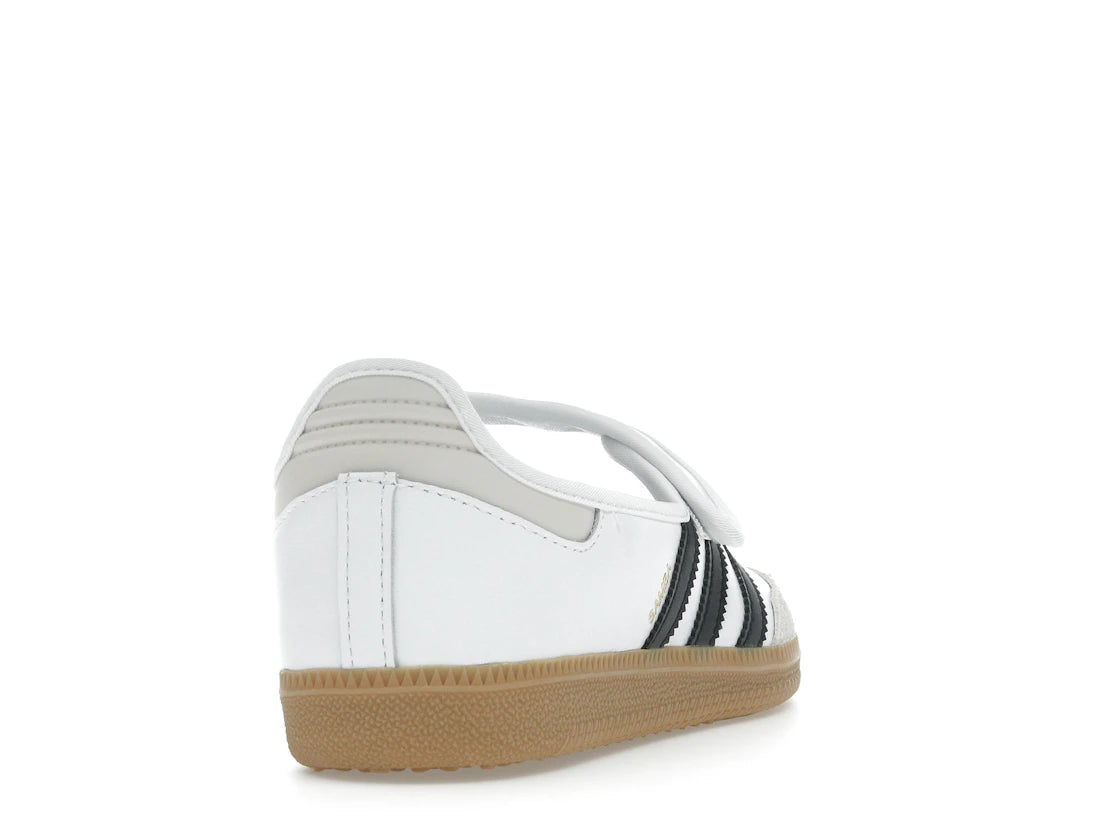 Sneaker adidas Samba Jane White Black Gum en cuir blanc avec bandes noires, bride Mary Jane et semelle gomme rétro emblématique.Vue arrières 