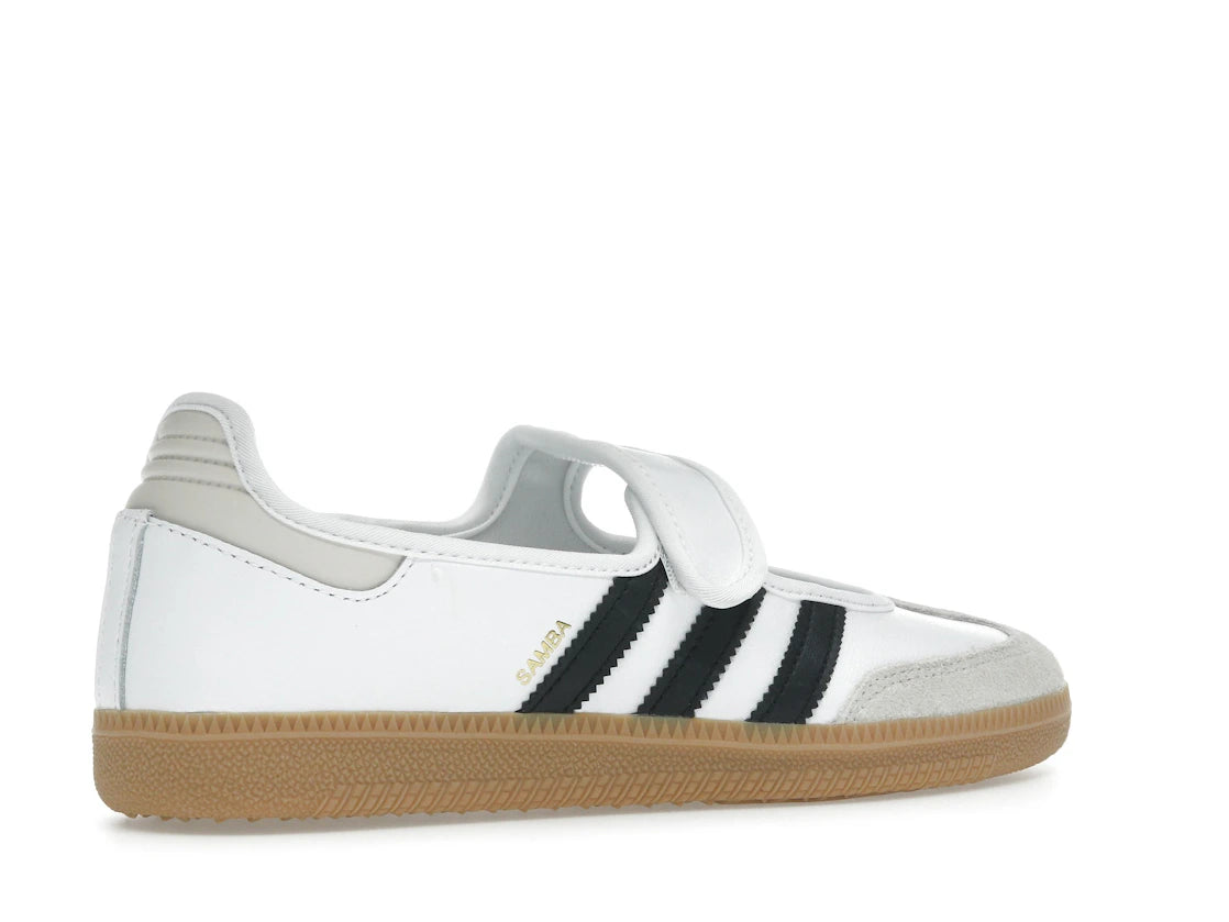 Sneaker adidas Samba Jane White Black Gum en cuir blanc avec bandes noires, bride Mary Jane et semelle gomme rétro emblématique.Vue de coter 