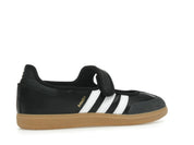 Sneaker adidas Samba Jane Black White Gum en cuir noir avec bandes blanches, bride Mary Jane et semelle gomme rétro emblématique.Vue de coter 