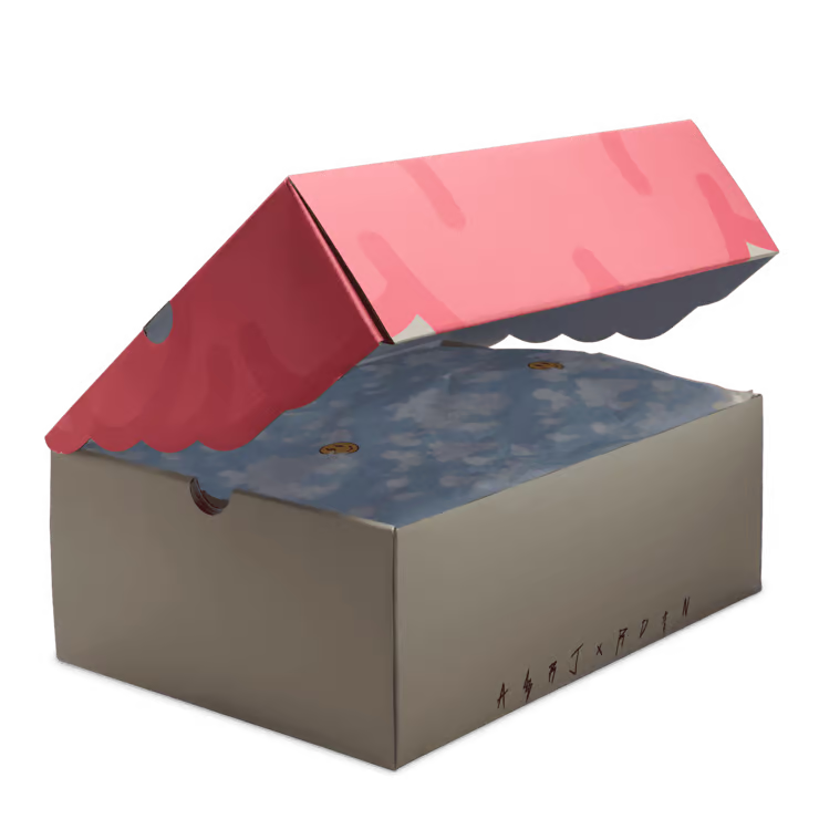 Image de la Jordan 2 Rétro J Balvin, sneaker en cuir blanc avec dégradés pastel, logo Wings iridescent et smiley brodé au talon. (vue boite)