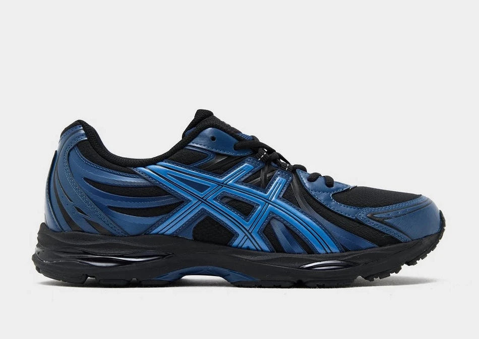ASICS Gel-Sekiran Black Polar Night en mesh noir avec détails bleu nuit, amorti GEL et silhouette technique contemporaine.