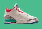 Air Jordan 3 Retro Play Your Way, sneaker Jordan Brand au design rétro basketball avec silhouette Air Jordan 3 et unité Nike Air visible au talon vue de profil intérieur. 