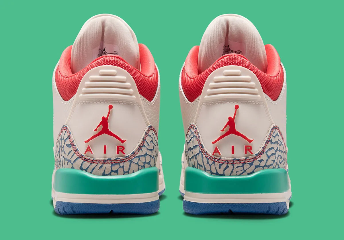 Air Jordan 3 Retro Play Your Way, sneaker Jordan Brand au design rétro basketball avec silhouette Air Jordan 3 et unité Nike Air visible au talon vue de derrière. 