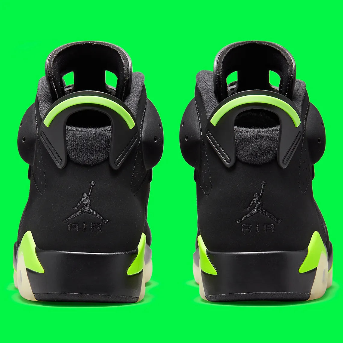 Air Jordan 6 Retro Electric Green en nubuck noir avec accents Electric Green, Jumpman, lace lock et semelle translucide.