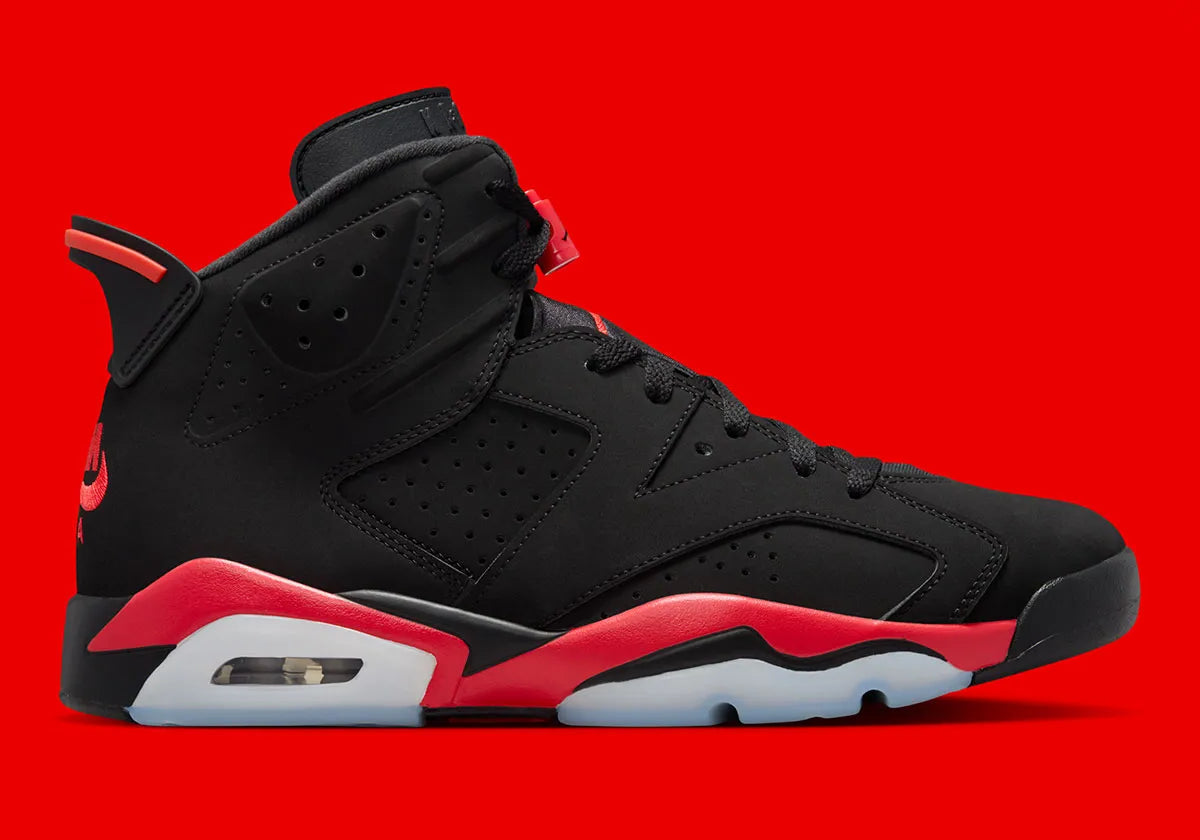 Air Jordan 6 Retro Infrared Salesman CT8529-001 en nubuck noir avec semelle Light Crimson, unité Nike Air visible et détails Not For Resale.