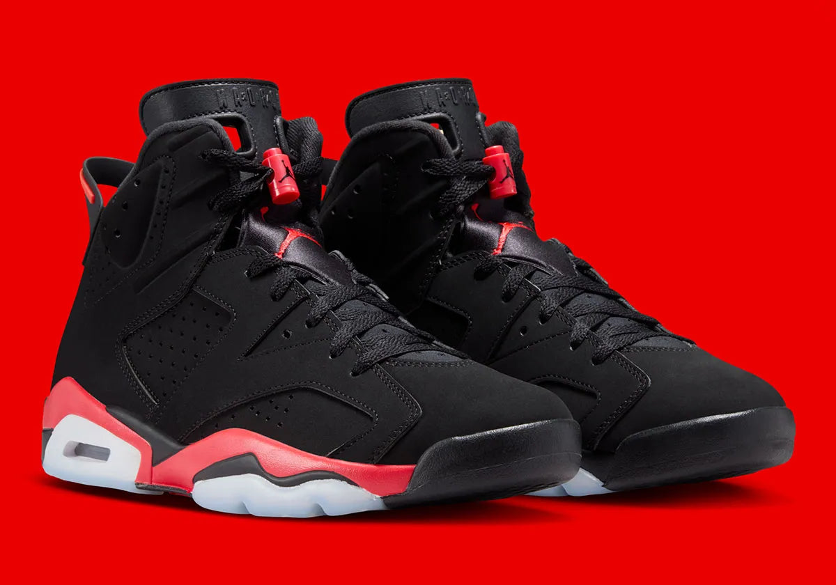 Air Jordan 6 Retro Infrared Salesman CT8529-001 en nubuck noir avec semelle Light Crimson, unité Nike Air visible et détails Not For Resale.