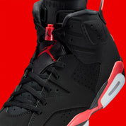 Air Jordan 6 Retro Infrared Salesman CT8529-001 en nubuck noir avec semelle Light Crimson, unité Nike Air visible et détails Not For Resale.