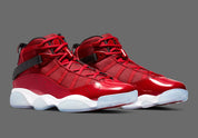 Air Jordan 6 Rings Gym Red 322992-601 rouge, noire et blanche avec empiècements brillants, mesh et silhouette basketball hybride.