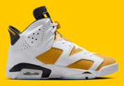 Air Jordan 6 Retro Yellow Ochre CT8529-170 en nubuck Yellow Ochre et cuir blanc avec accents noirs, lace lock jaune et unité Air visible.