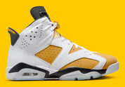 Air Jordan 6 Retro Yellow Ochre CT8529-170 en nubuck Yellow Ochre et cuir blanc avec accents noirs, lace lock jaune et unité Air visible.
