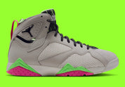Air Jordan 7 Retro Tennis Day IV6508-030 en Phantom gris avec accents Lime Blast et Pink Blast, mesh, cuir, daim et détails rétro tennis vue de profil. 