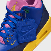 Air Jordan 3 Brazil jaune et verte avec print elephant et semelle Air visible iconique. zoom avant de la chaussure