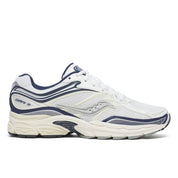 Saucony ProGrid Omni 9 blanche et navy en mesh respirant avec amorti ProGrid et design rétro technique élégant. vue de profil