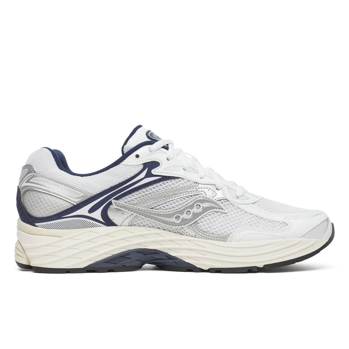 Saucony ProGrid Omni 9 blanche et navy en mesh respirant avec amorti ProGrid et design rétro technique élégant. vue de profil intérieur
