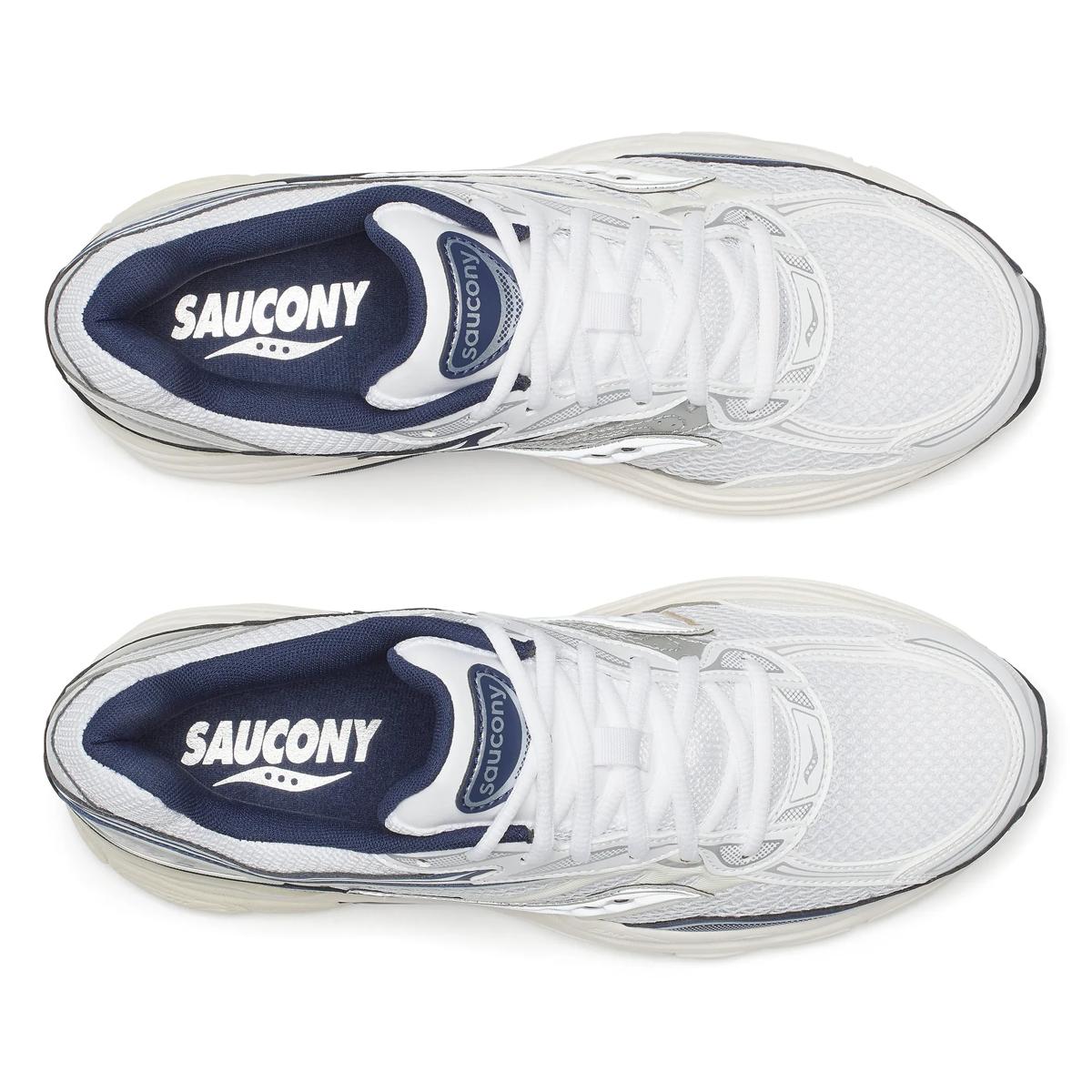Saucony ProGrid Omni 9 blanche et navy en mesh respirant avec amorti ProGrid et design rétro technique élégant. vue de dessus
