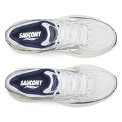 Saucony ProGrid Omni 9 blanche et navy en mesh respirant avec amorti ProGrid et design rétro technique élégant. vue de dessus