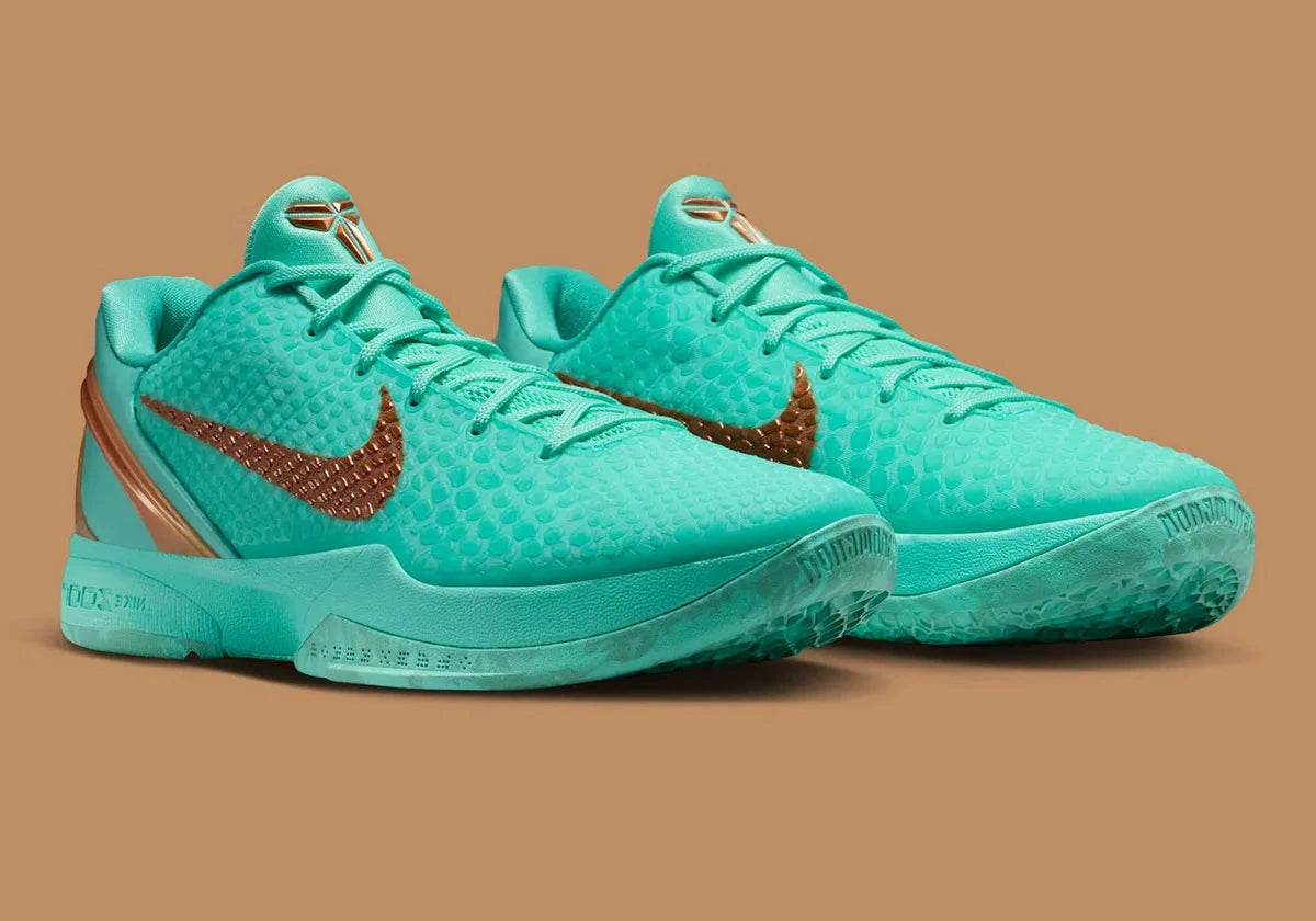 Nike Kobe 6 Protro verte Statue of Liberty avec texture scales, détails cuivrés et amorti Protro.