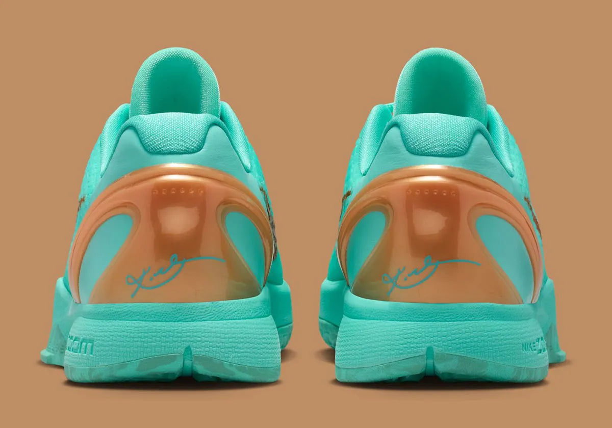 Nike Kobe 6 Protro verte Statue of Liberty avec texture scales, détails cuivrés et amorti Protro.