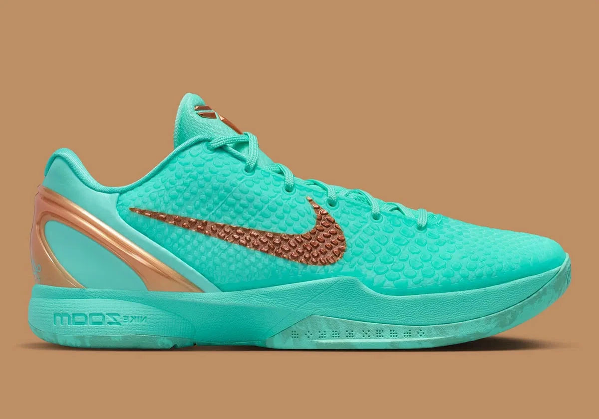 Nike Kobe 6 Protro verte Statue of Liberty avec texture scales, détails cuivrés et amorti Protro.