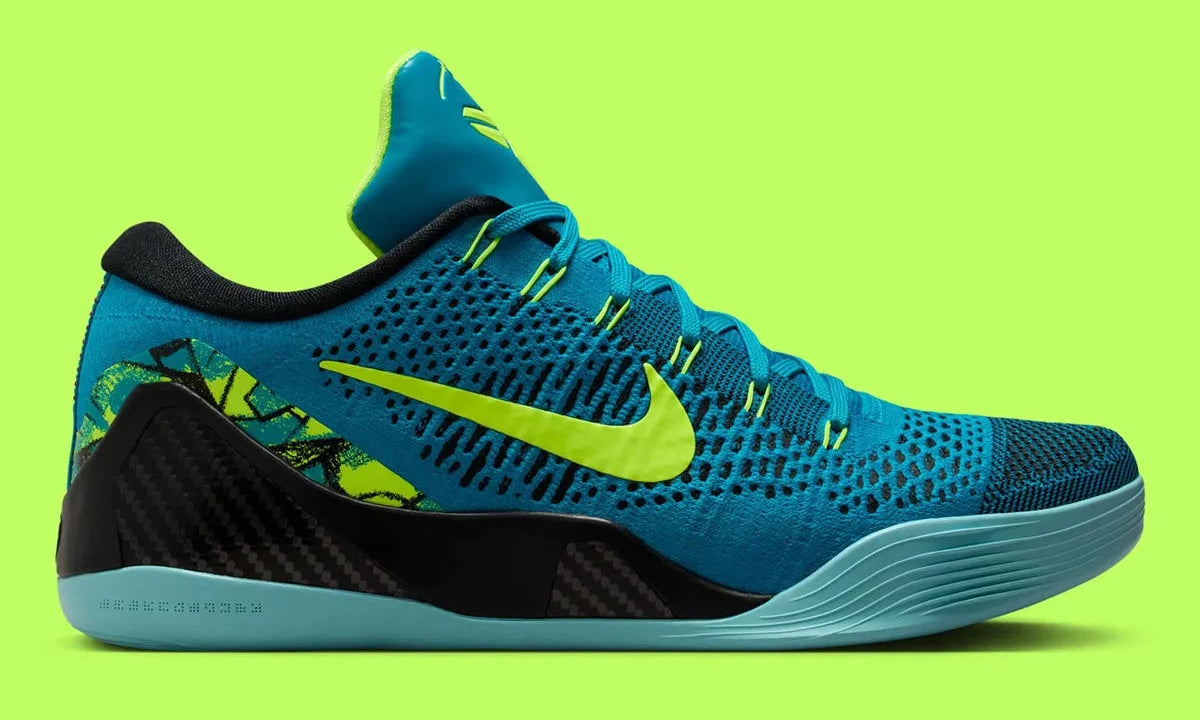 Nike Kobe 9 Elite Low Protro Perspective en Flyknit turquoise et volt avec amorti Protro et renfort talon sculpté.